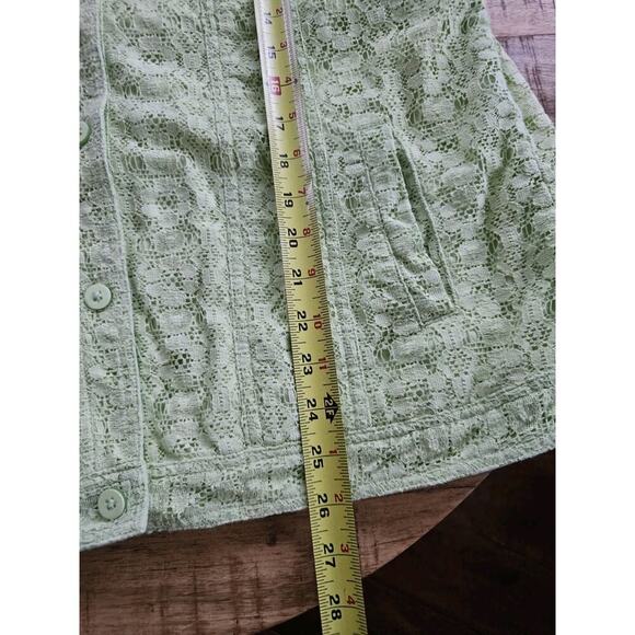 Denim & Co Sz Large Romantic LIME Green Lace Floral Jacket Button Up Pockets - Picture 7 of 7